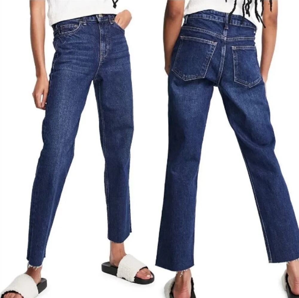 NWT Topshop Petite High Waisted Straight Leg Crop Jeans Blue US 10 32x28 $80